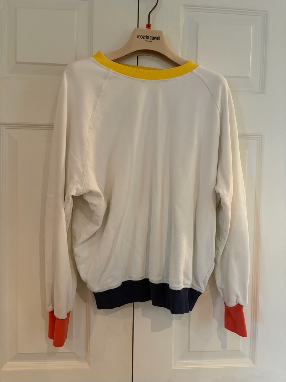 Frame Denim White Sweatshirt with Yellow Neck, Red Cuffs & Black Hem